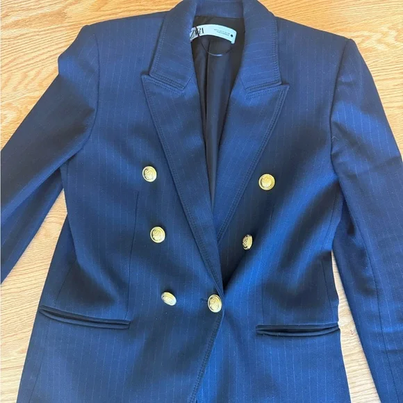 Zara Double Breasted Dark Navy Blue Pinstripe Suit Set - Picture 3 of 6